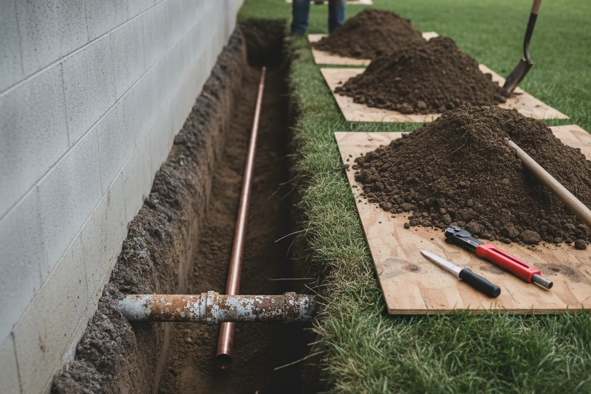 Excavated water line trench during Water Heater Repair in Pineville